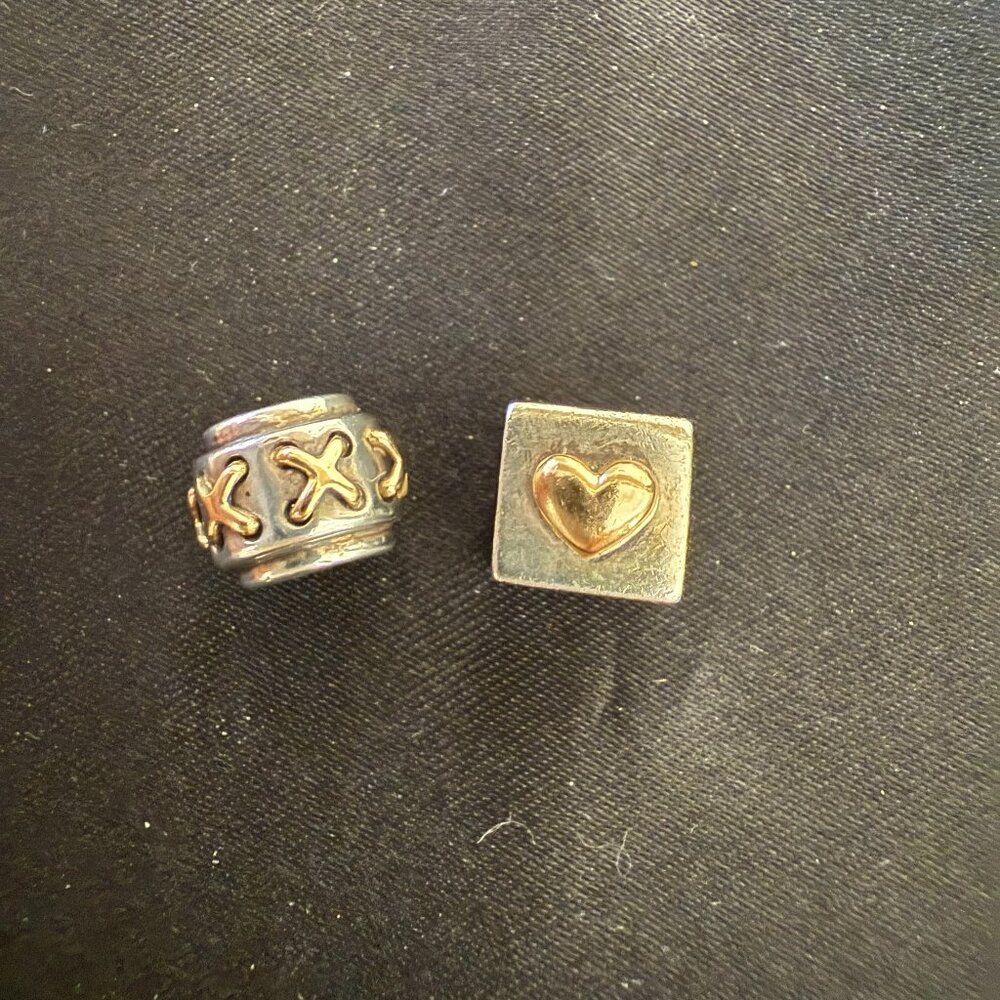 Two Pandora Charms with Gold X's and Gold Heart